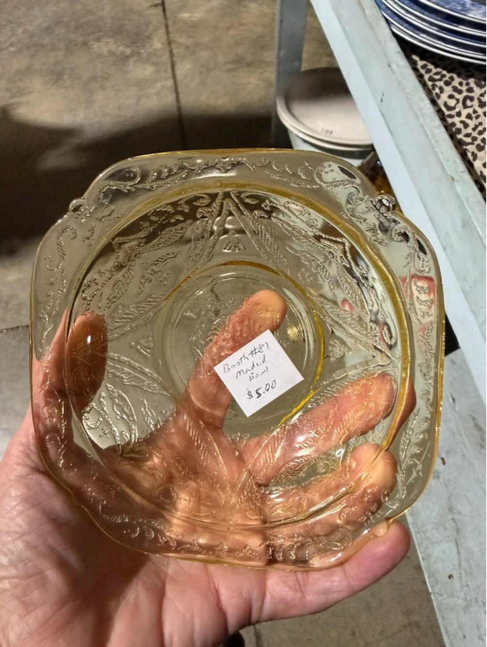 vintage amber yellow Federal Glass Madrid pattern square depression glass bowl